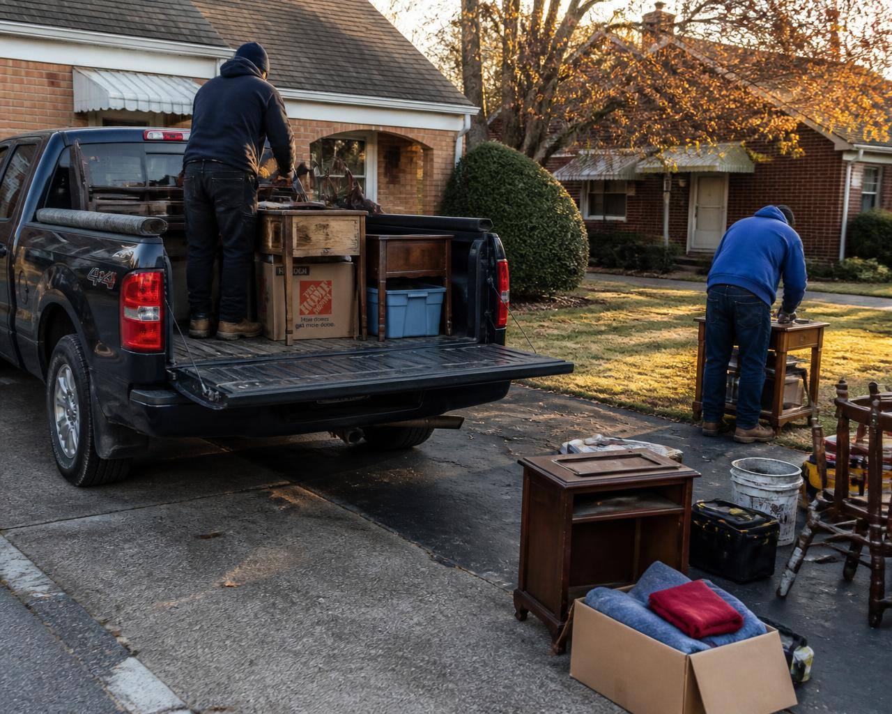 Crew loading leftover furniture and boxes into a truck on an Ohio driveway